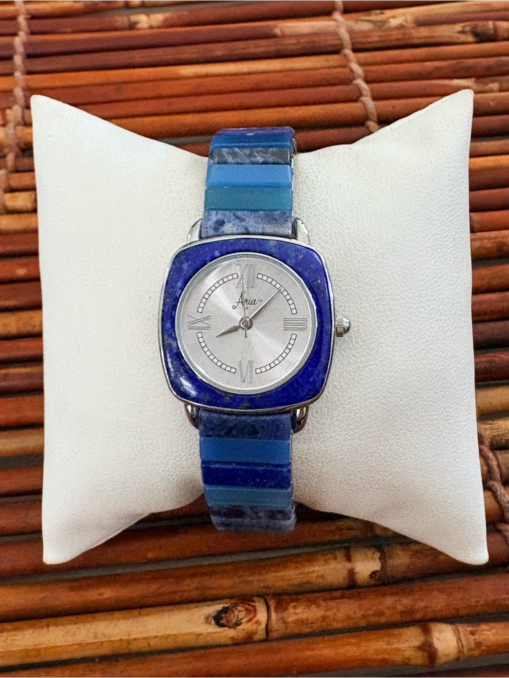 Aria Blue Layered Stone Bezel Watch with Striped Blue Band Needs Battery
